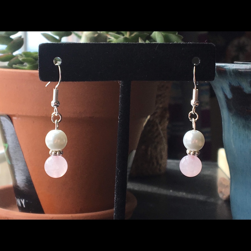 Pink Rose Quartz Glass Pearl Earrings